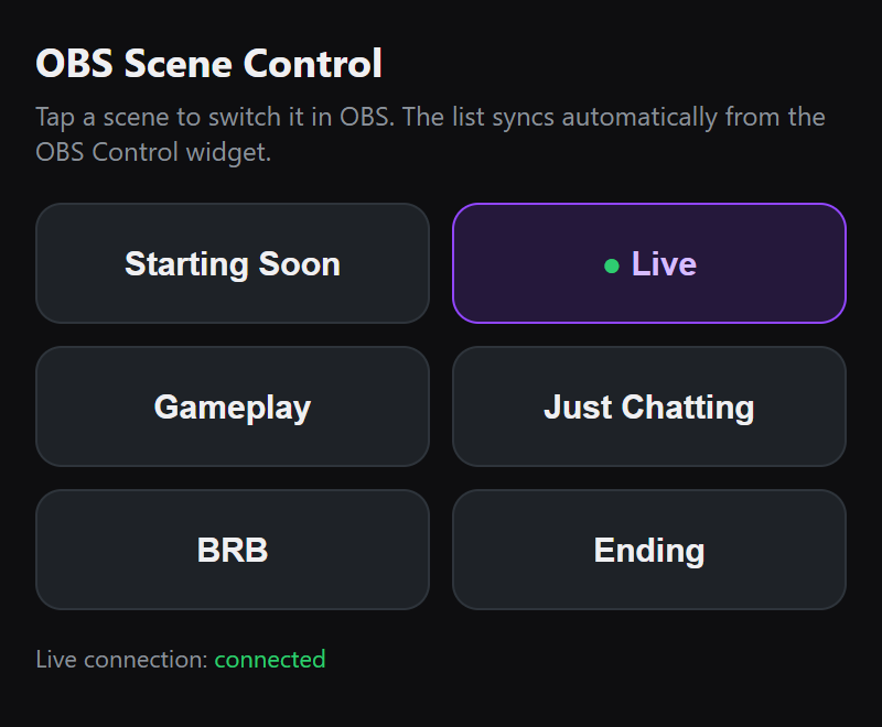 OBS scene control panel on a phone